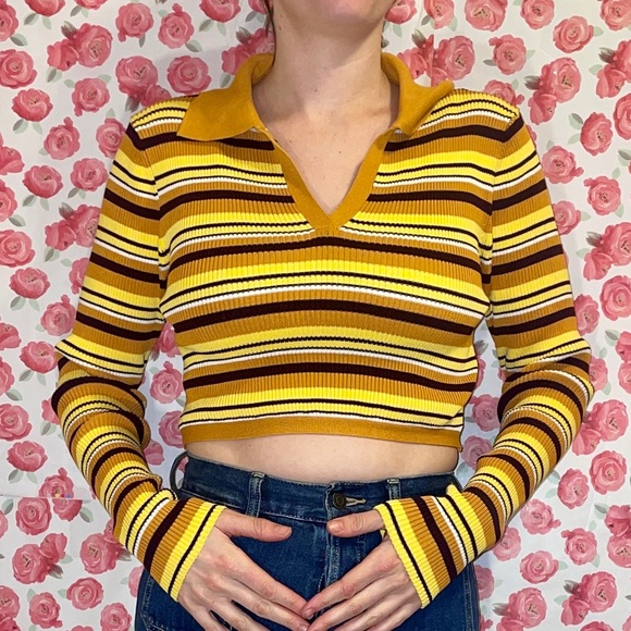 Verge Girl Sweaters - Yellow Cropped Collared Knit